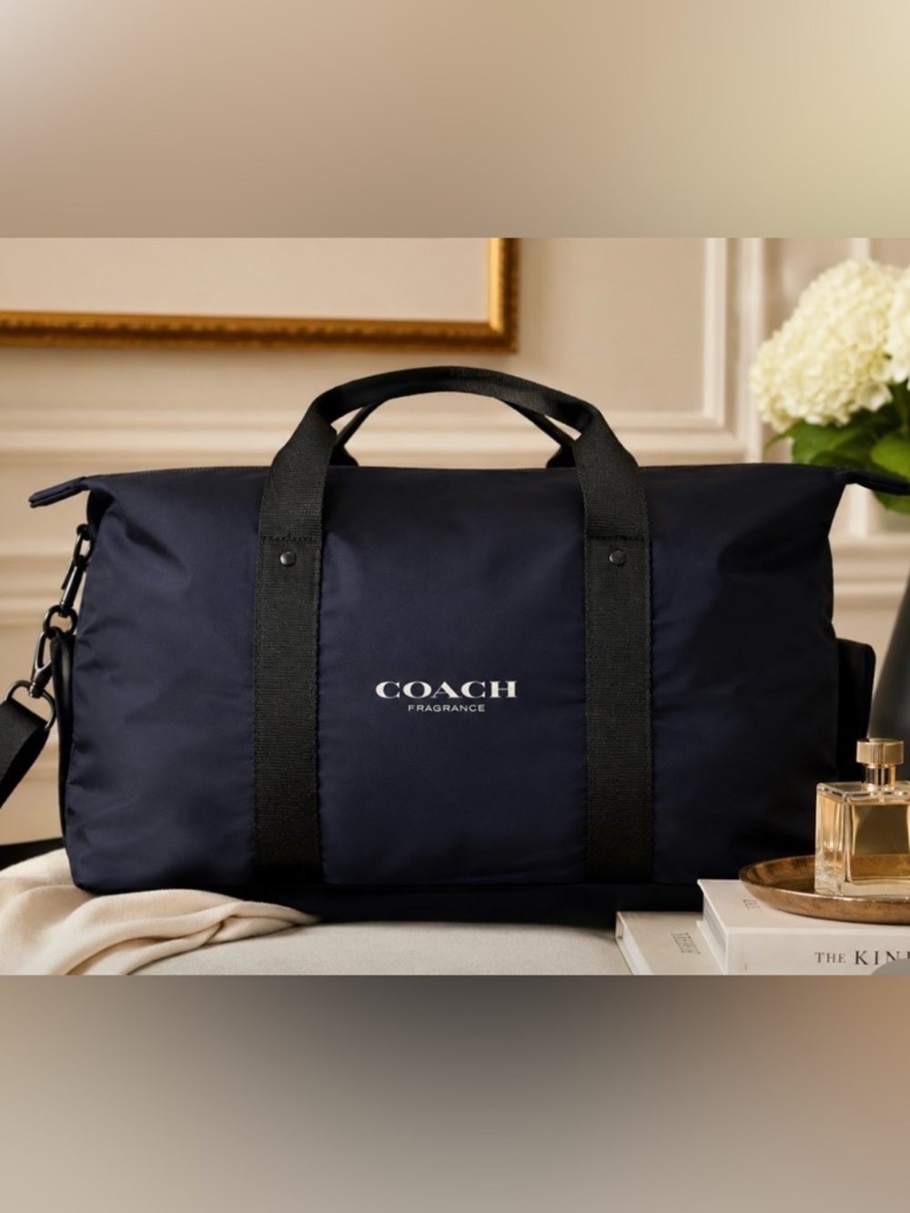 Coach Fragrance Navy Duffel Bag|Weekender Travel Tote|Lightweight Nylon Carryall